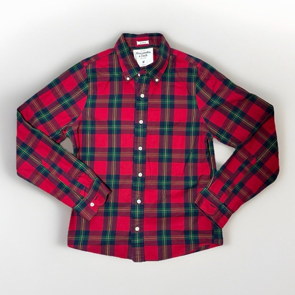 Abercrombie & Fitch Muscle Button Down Plaid Shirt Men’s Medium Red Green Blue